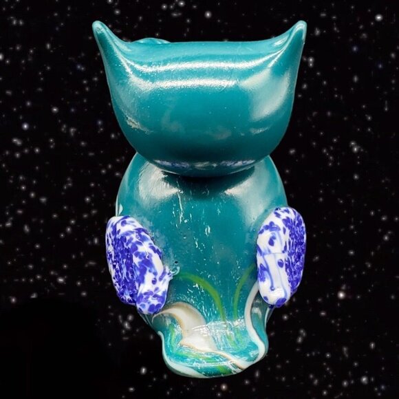 Art Glass Owl Figurine Paperweight Pulled Feather Glass Cased Bird Blue Fritz - Picture 4 of 14
